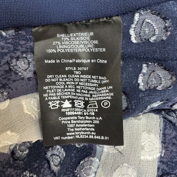 Tory Burch Erica Antibes Blue Poplin Square Silk Drop Waist Blouson Mini Dress L - Picture 11 of 11